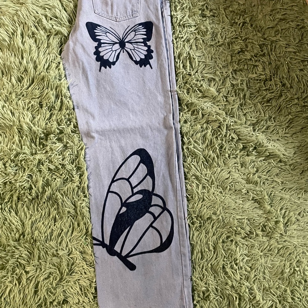 Butterfly Print Beige Pants
